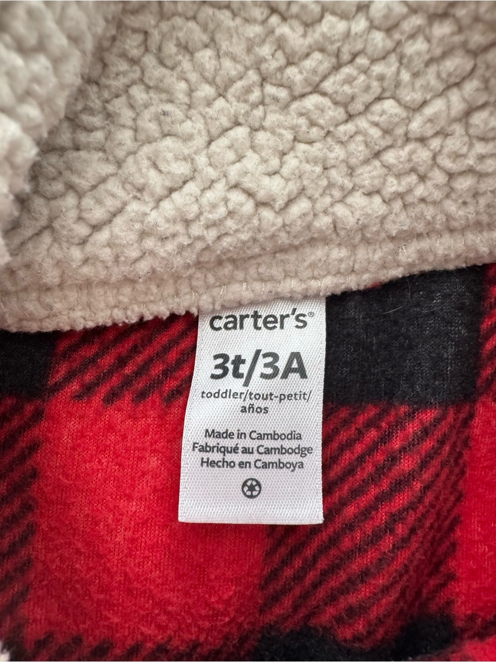 Carter’s Red Black Buffalo Plaid Sherpa Lined Pullover Fleece 3T - Picture 4 of 5